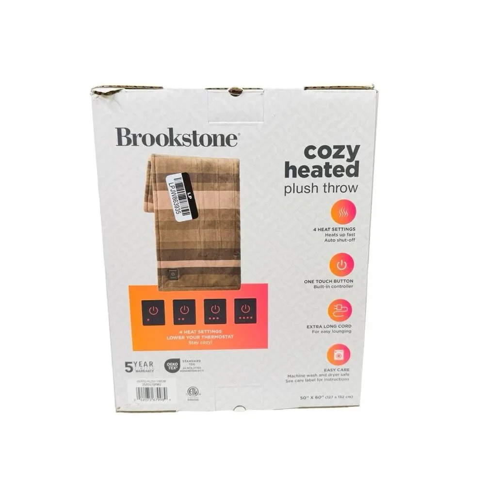 Brookstone Cozy Heated Printed Plush Throw - 50” x 60” - Brown Plaid